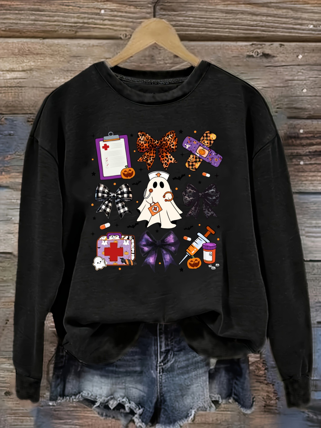 Winter Clothing Usa - Damen Casual Langarm-T-Shirt mit Rundhalsausschnitt, Halloween-Krankenschwester-Geister-Schleifen-Druckdesign,