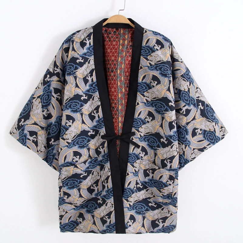 Traditional Winter Japanese Clothing - Herbst Winter Japanischer Drachen-Print Hanten-Mantel Kimono